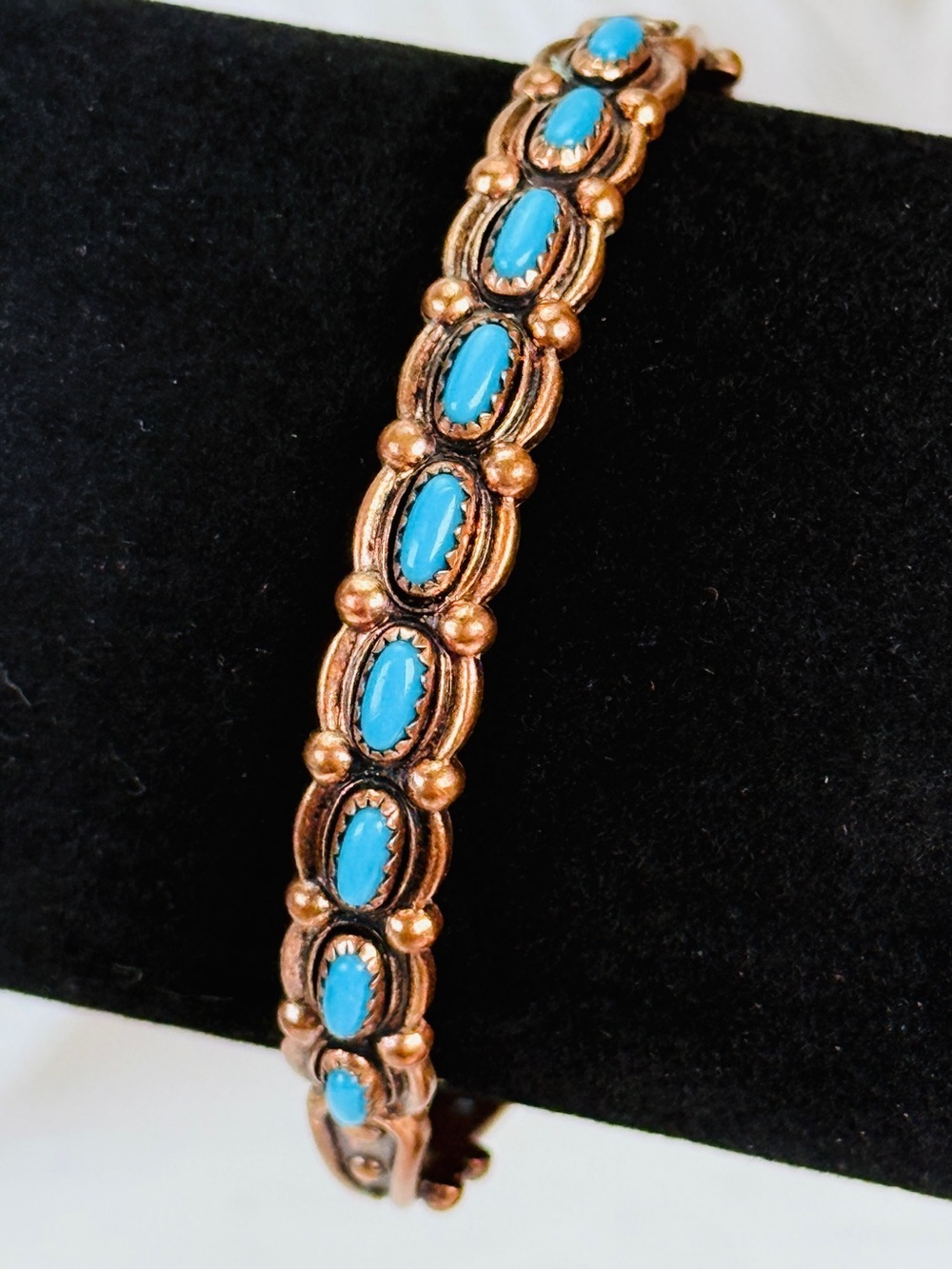Vintage Copper Blue Cabochon Bracelet Southwestern Boho Stamped Copper